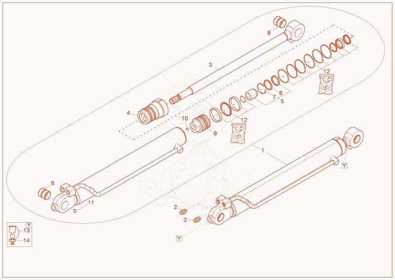 Exploded parts diagram of the dipper arm cylinder of a Wacker Neuson 2404, with numbered balloons