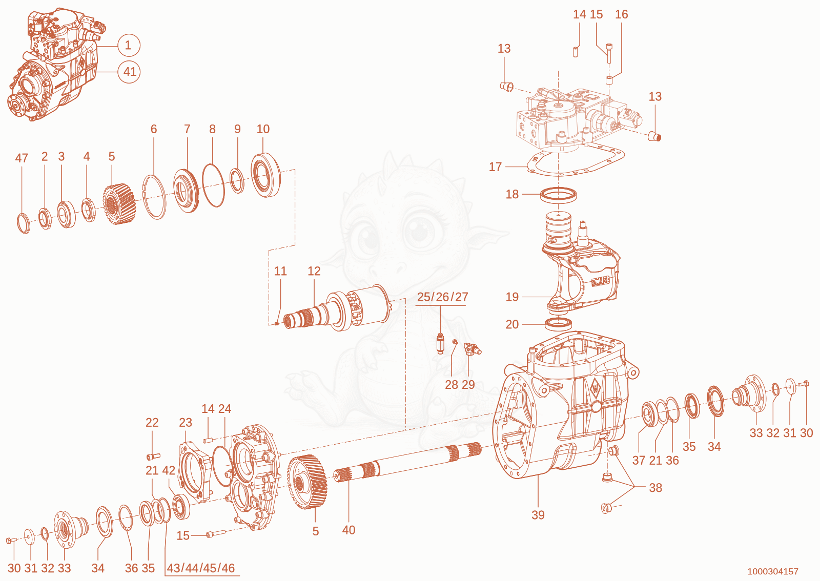 Exploded parts diagram of the Gearbox of a Wacker Neuson TH955(416-16), with numbered balloons