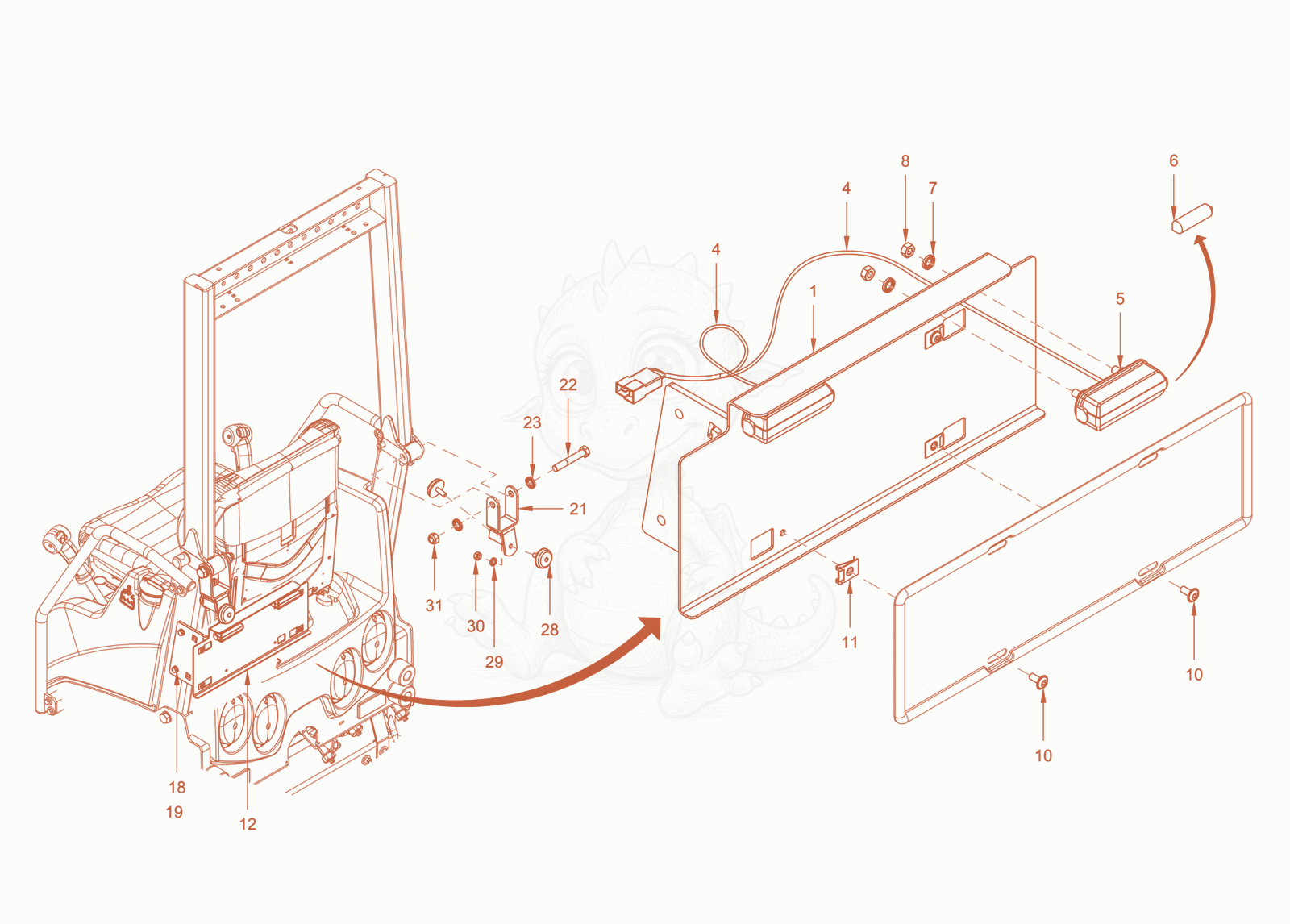 Exploded parts diagram of the number plate holder of a Wacker Neuson RD18-80, with numbered balloons