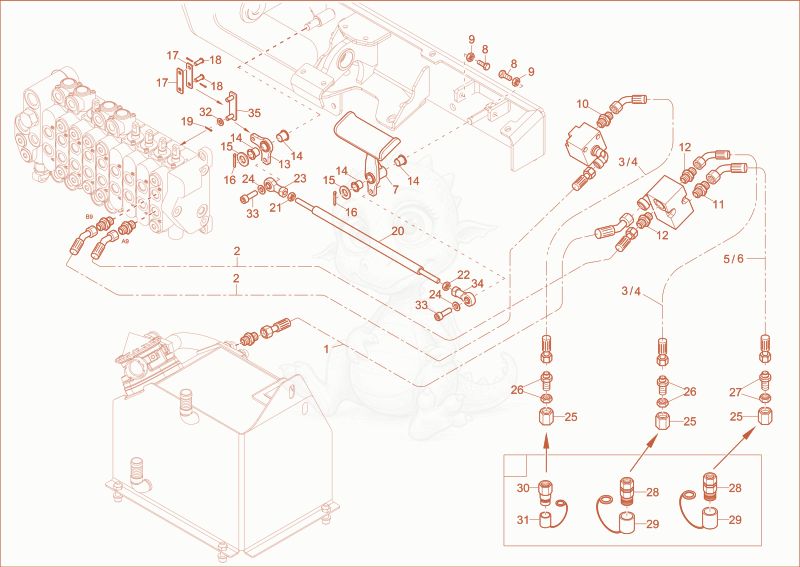 Exploded parts diagram of the AUXILIARY HYDRAULICS OPERATION of a Wacker Neuson 1404, with numbered balloons