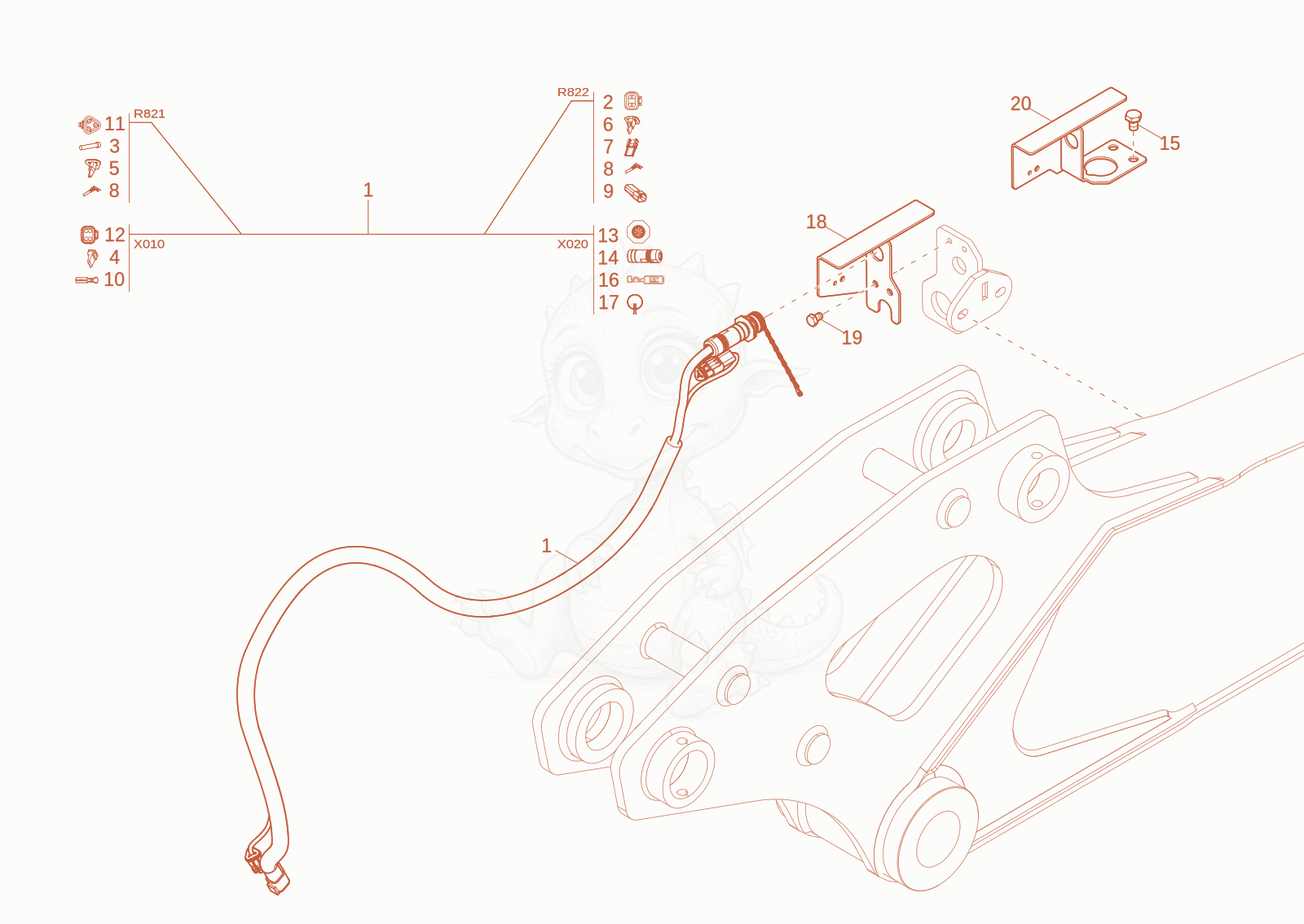 Exploded parts diagram of the Control implements to attach (Option) of a Wacker Neuson EW100-2, with numbered balloons