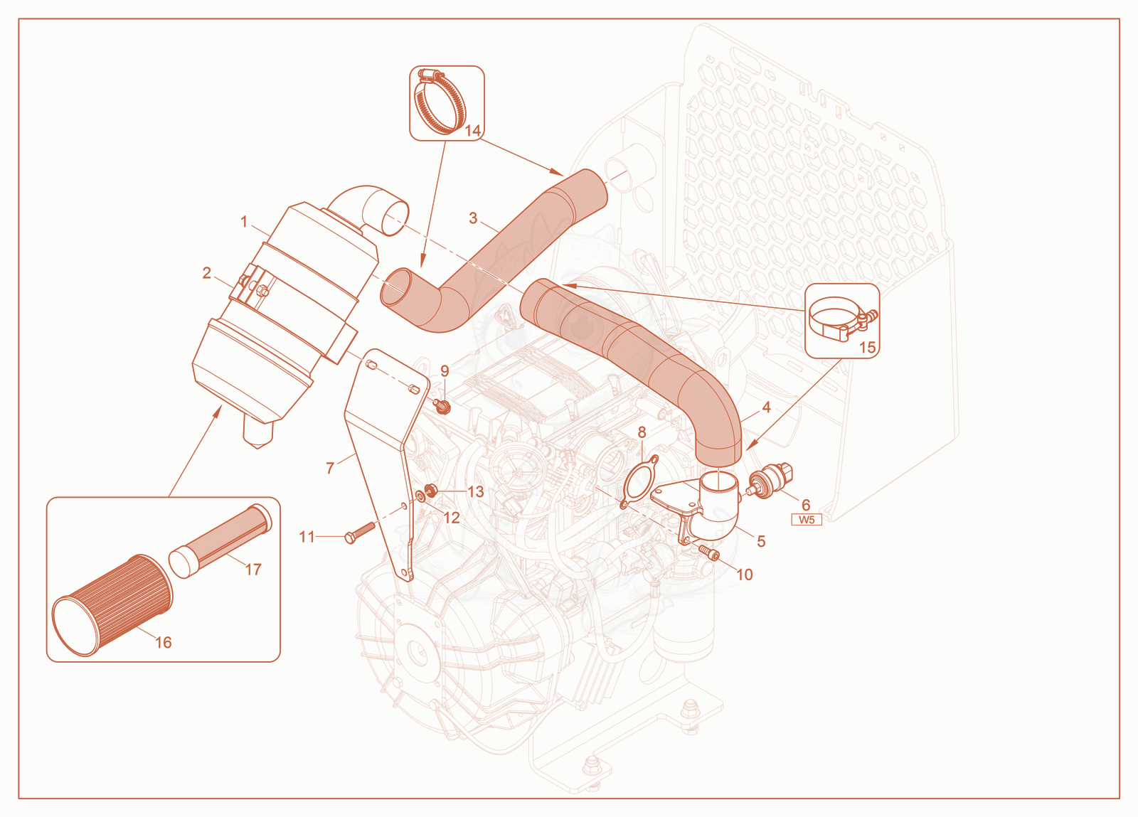 Exploded parts diagram of the Air Cleaner of a Wacker Neuson RTSC3, with numbered balloons