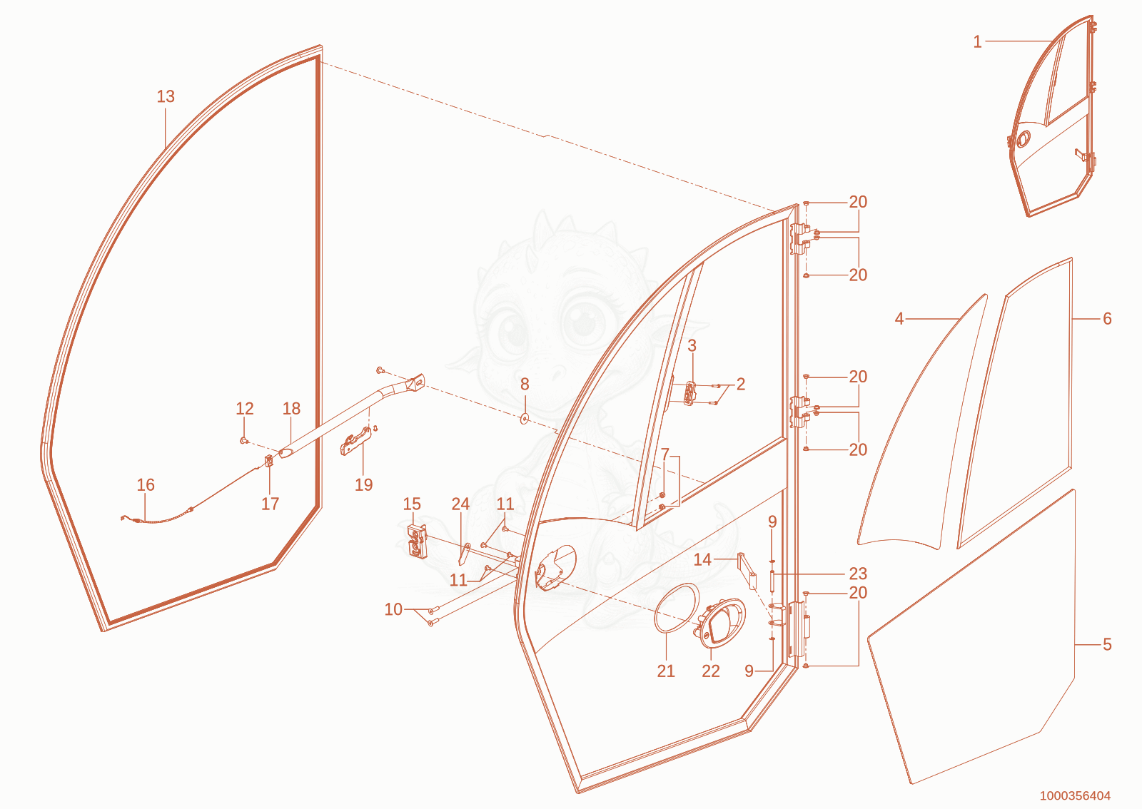 Exploded parts diagram of the Cab door of a Wacker Neuson TH627(418-02), with numbered balloons