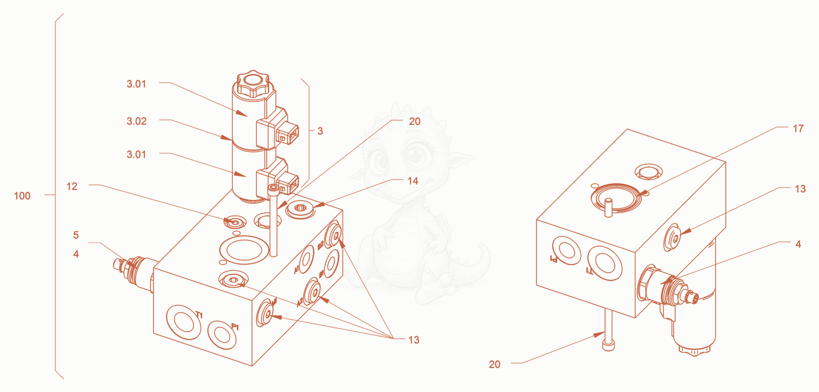 Exploded parts diagram of the valve block (edge pressing and cutting device) of a Wacker Neuson RD24-100O, with numbered balloons