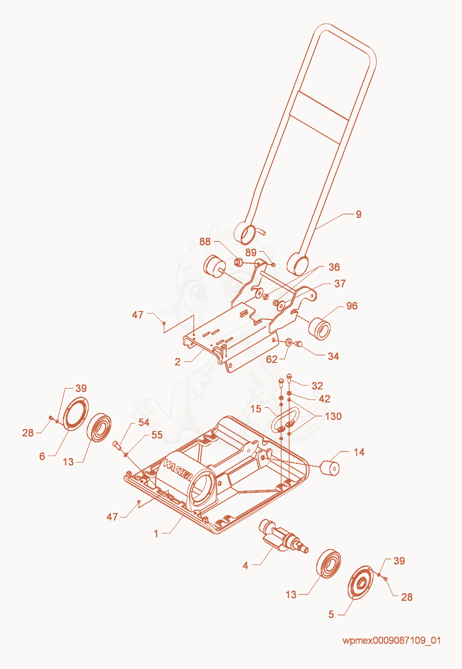 Exploded parts diagram of the Baseplate/Console cpl. of a Wacker Neuson VP2050Y, with numbered balloons