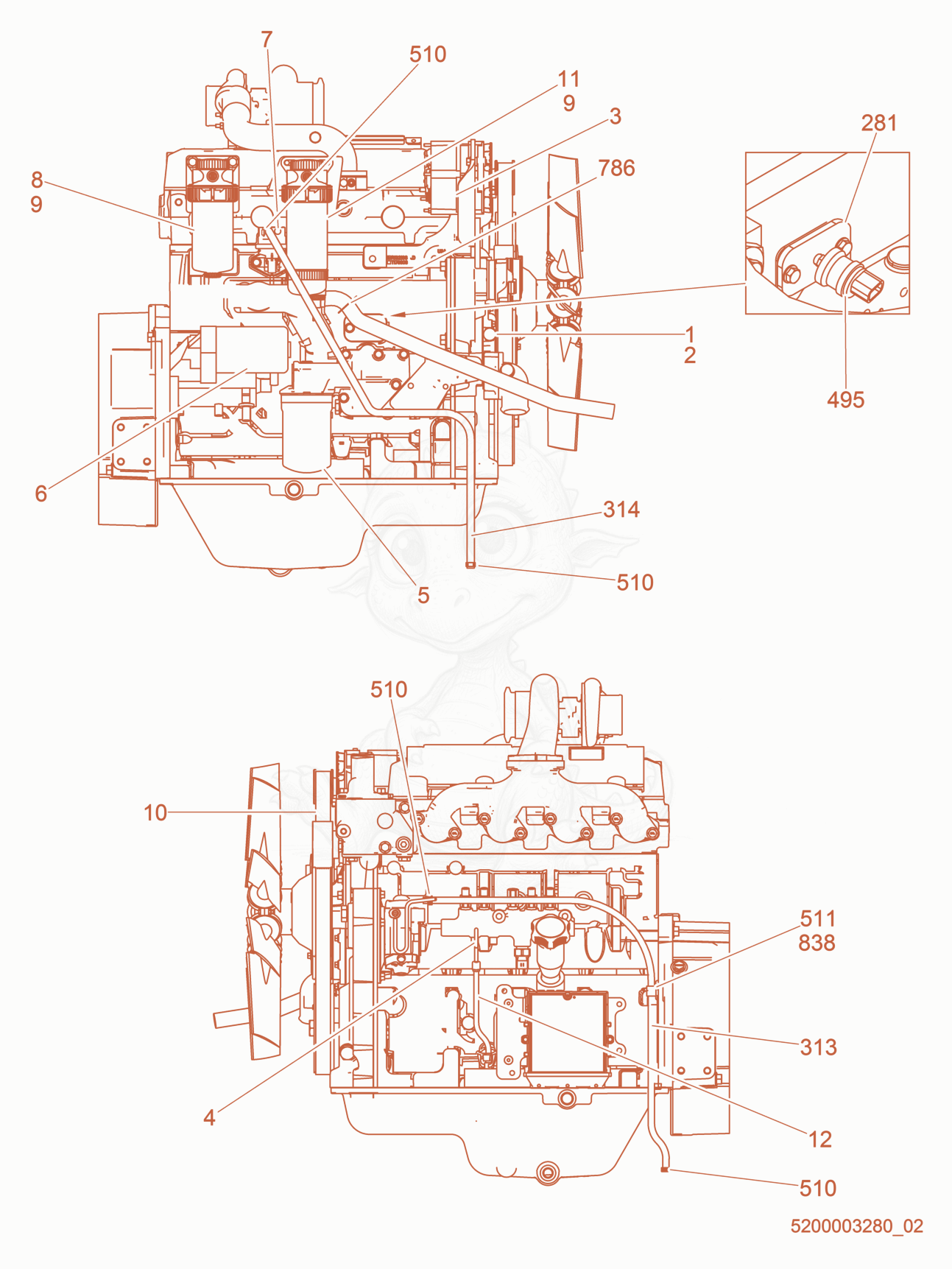Despiece del Engine-Deere de una máquina Wacker Neuson G70, con globos numerados