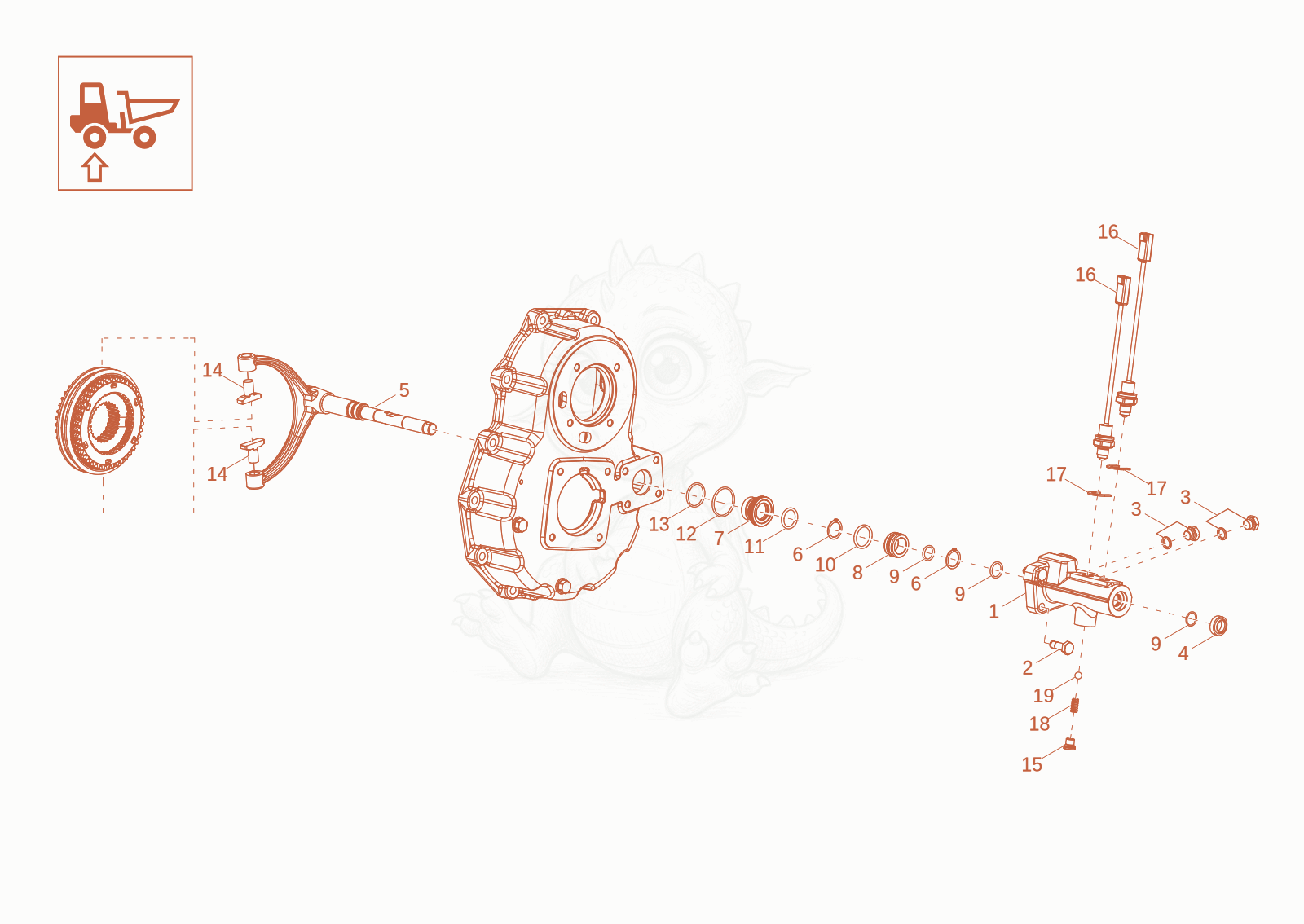 Exploded parts diagram of the gear box shift cylinder of a Wacker Neuson DV125, with numbered balloons