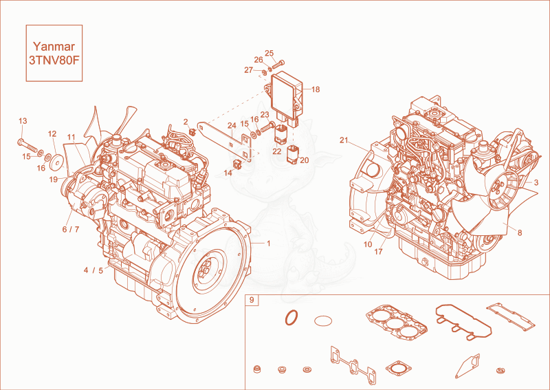 Exploded parts diagram of the diesel engine of a Wacker Neuson EZ17, with numbered balloons