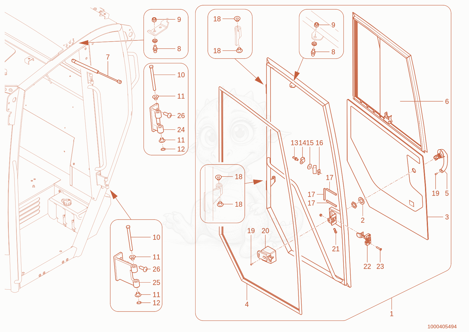 Exploded parts diagram of the Cab door left of a Wacker Neuson WL110(WRL90-05), with numbered balloons