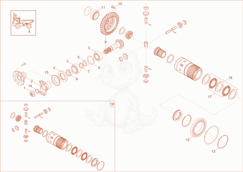 Exploded parts diagram of the differential axle of a Wacker Neuson DW40, with numbered balloons