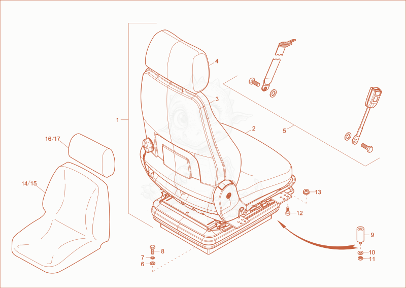 Despiece del drivers seat de una máquina Wacker Neuson 14504, con globos numerados