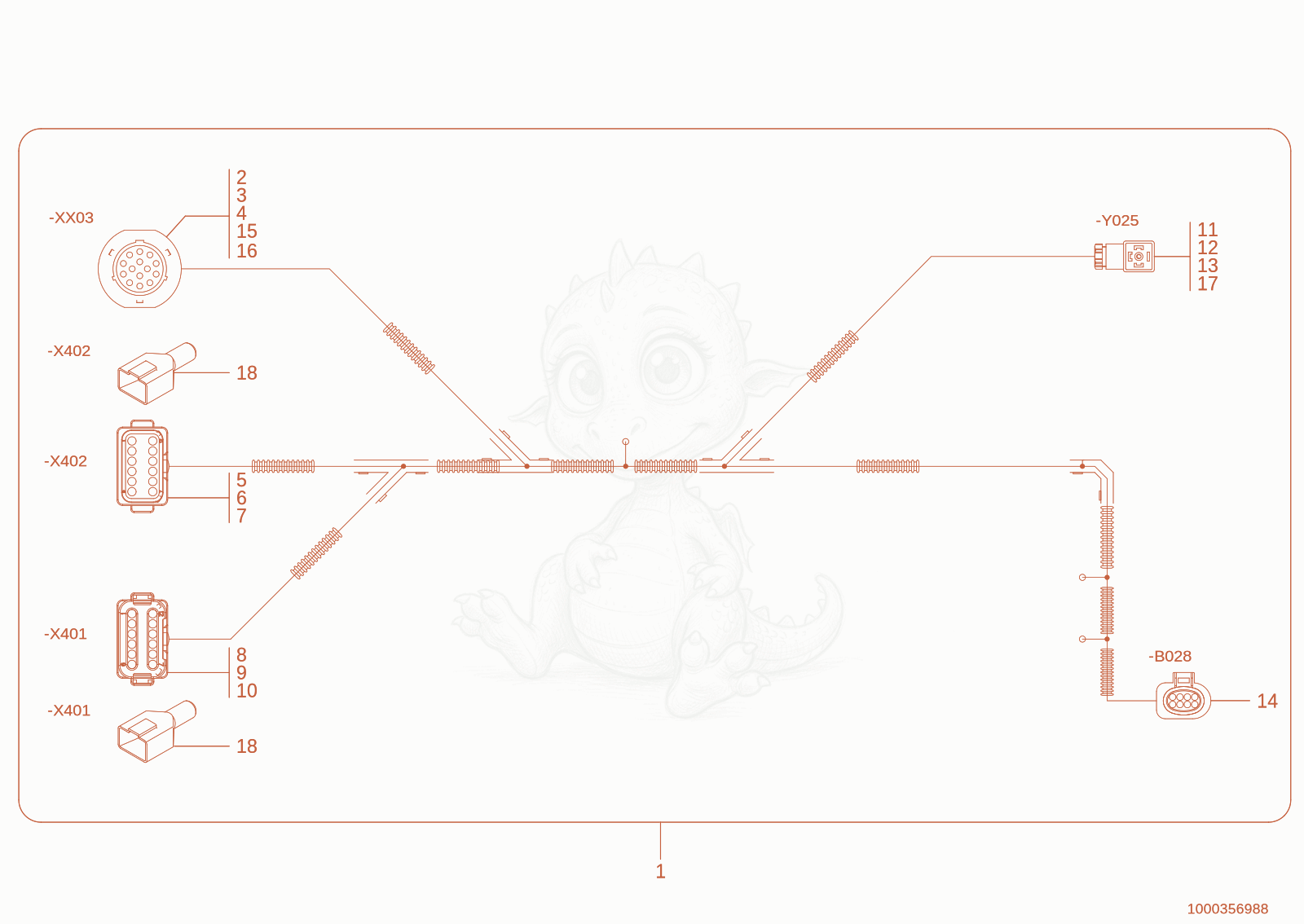 Exploded parts diagram of the Quickhitch facility wiring harnesses of a Wacker Neuson TH627(418-02), with numbered balloons