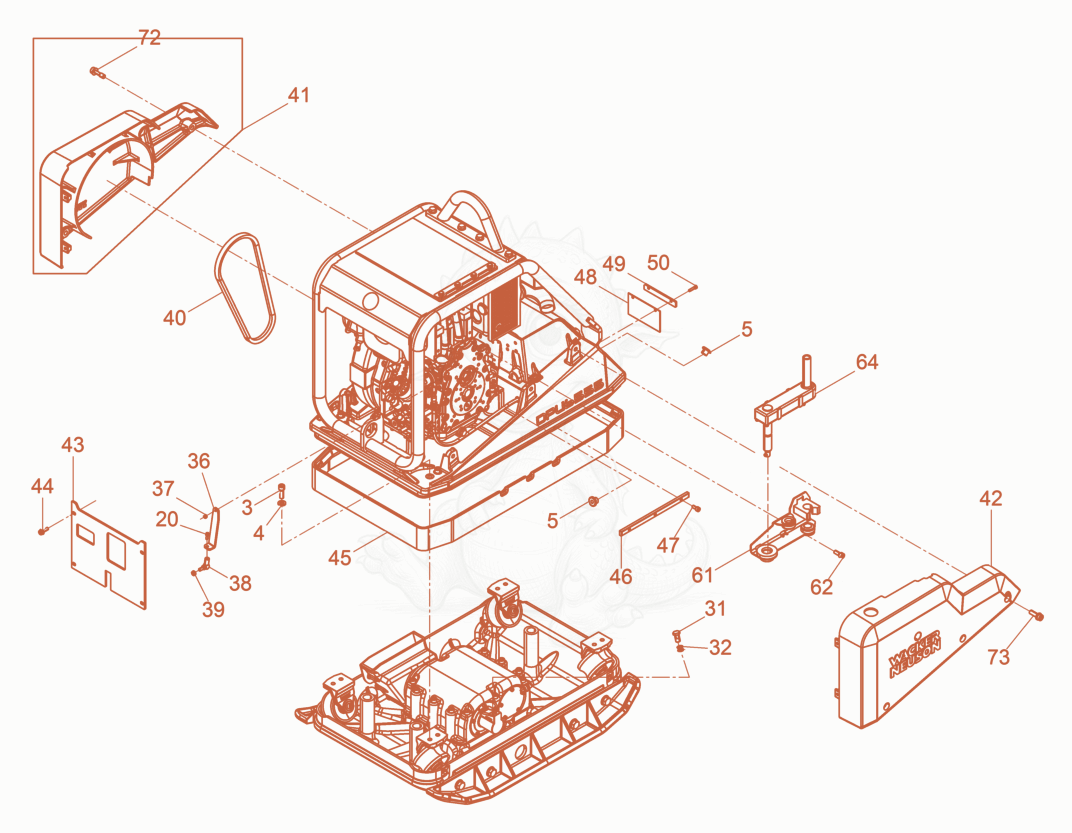 Exploded parts diagram of the Vibration Plate of a Wacker Neuson DPU6555H, with numbered balloons