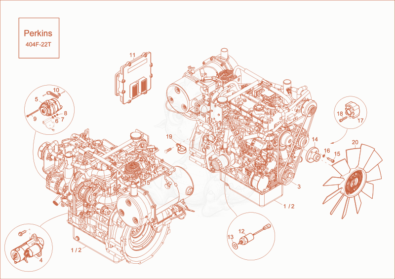 Exploded parts diagram of the diesel engine of a Wacker Neuson EW65, with numbered balloons