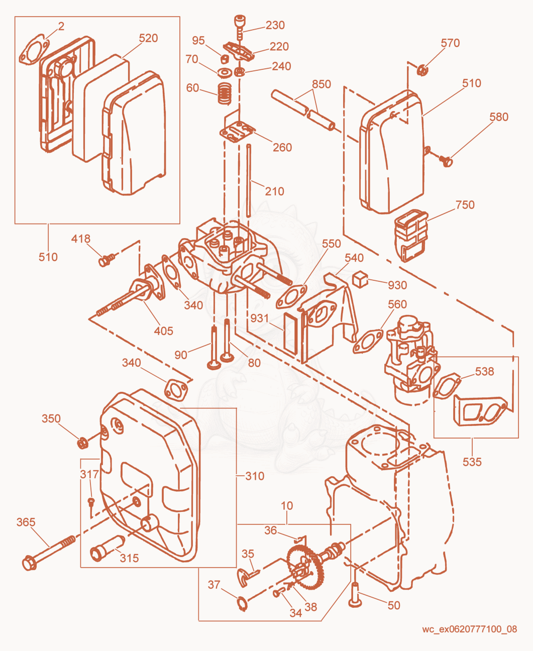 Exploded parts diagram of the Muffler/Air Cleaner/Camshaft of a Wacker Neuson GPI1700, with numbered balloons