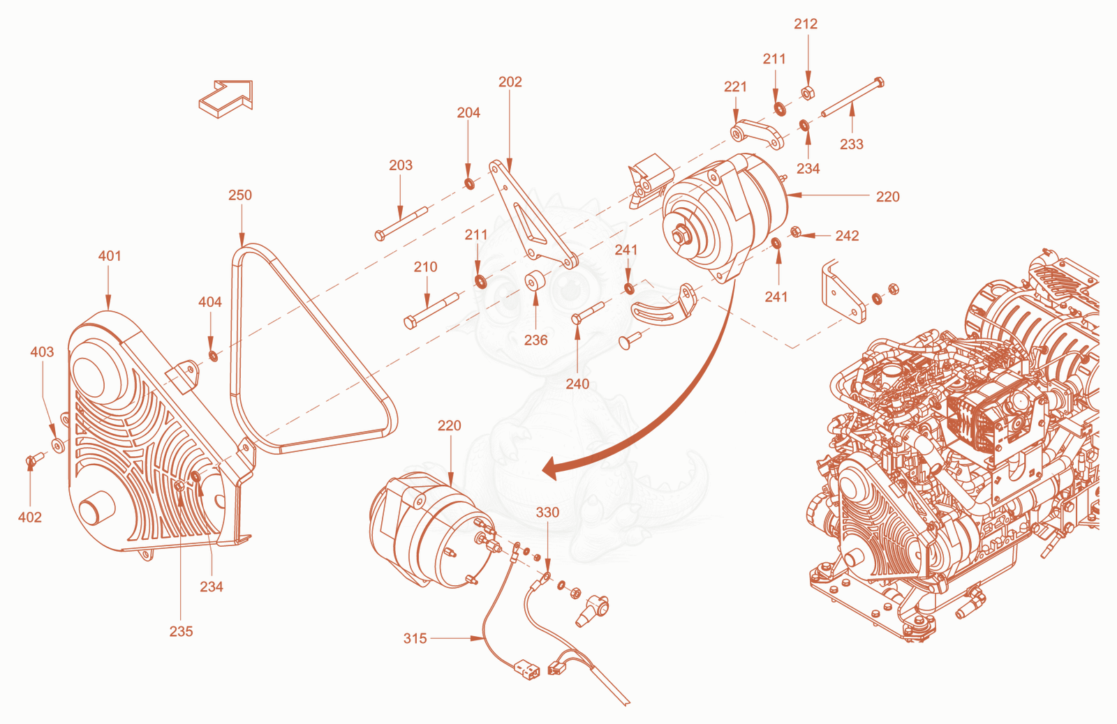 Exploded parts diagram of the pump drive and engine assembly of a Wacker Neuson RD40-130C.3, with numbered balloons