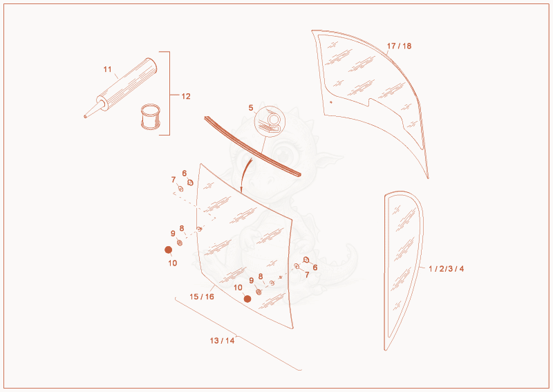 Exploded parts diagram of the CABIN WINDOWS of a Wacker Neuson 1403RD, with numbered balloons