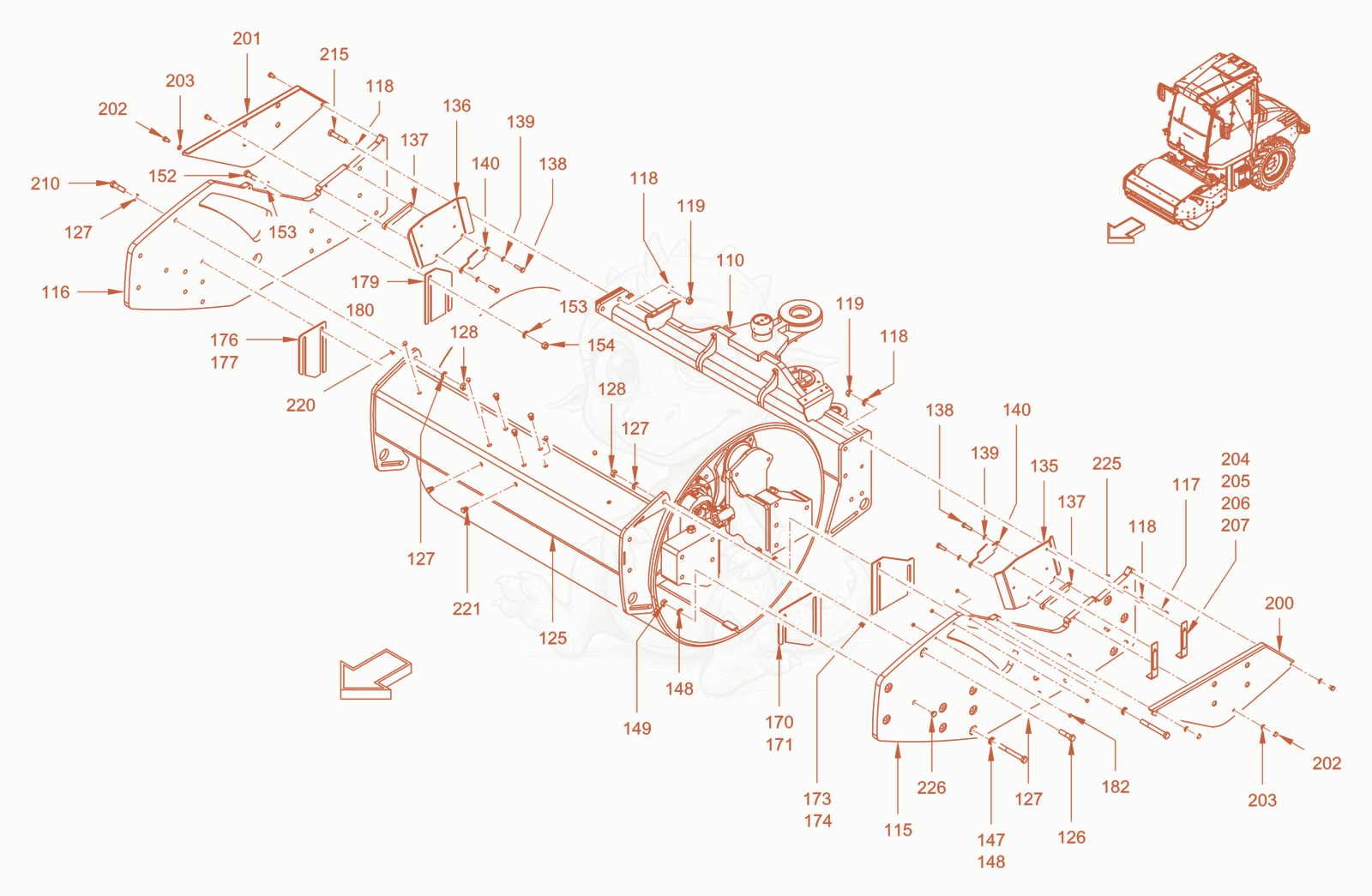 Exploded parts diagram of the main frame and assemblies of a Wacker Neuson RC70PDPFCAB, with numbered balloons