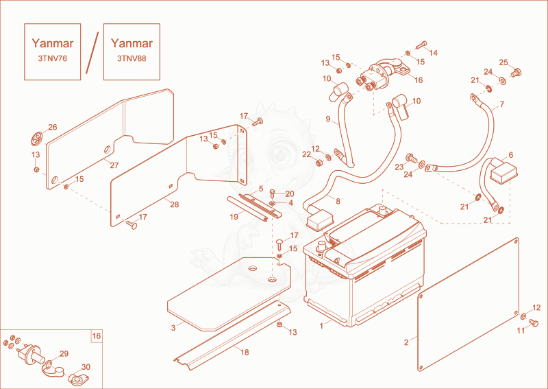 Exploded parts diagram of the battery of a Wacker Neuson DW30, with numbered balloons