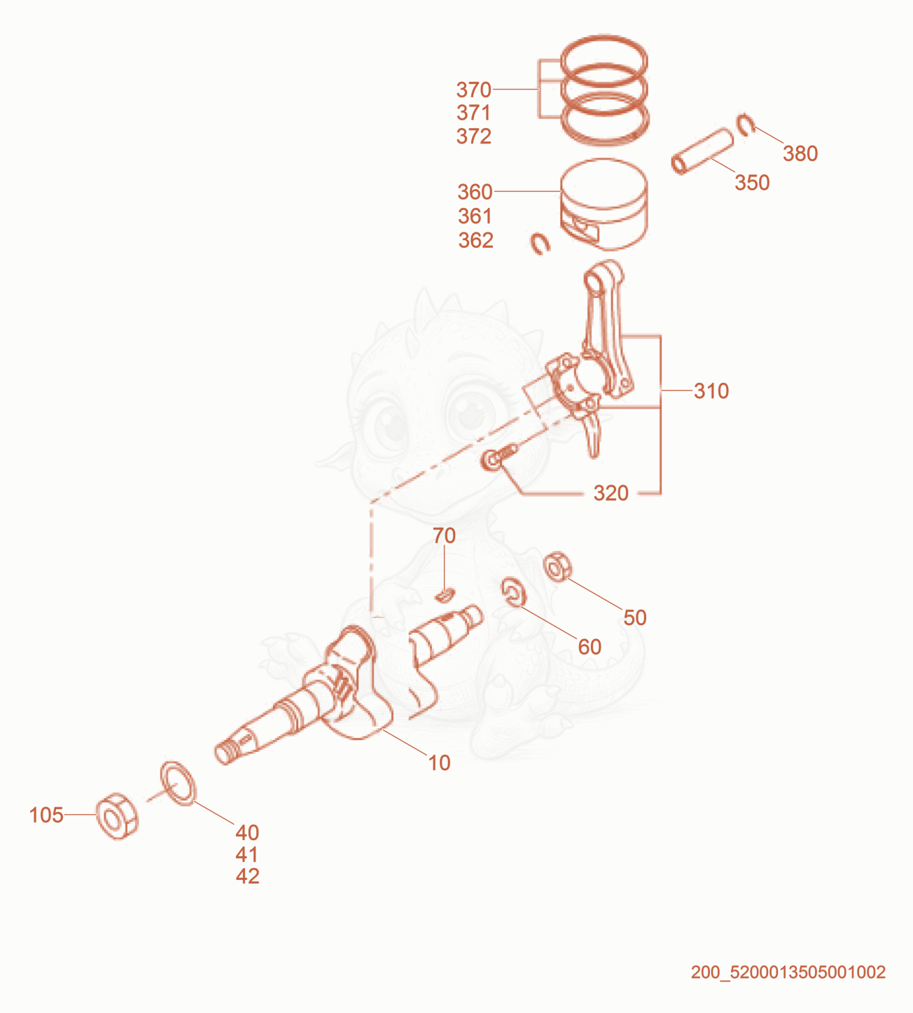 Despiece del Crankshaft/Piston de una máquina Wacker Neuson MS54, con globos numerados