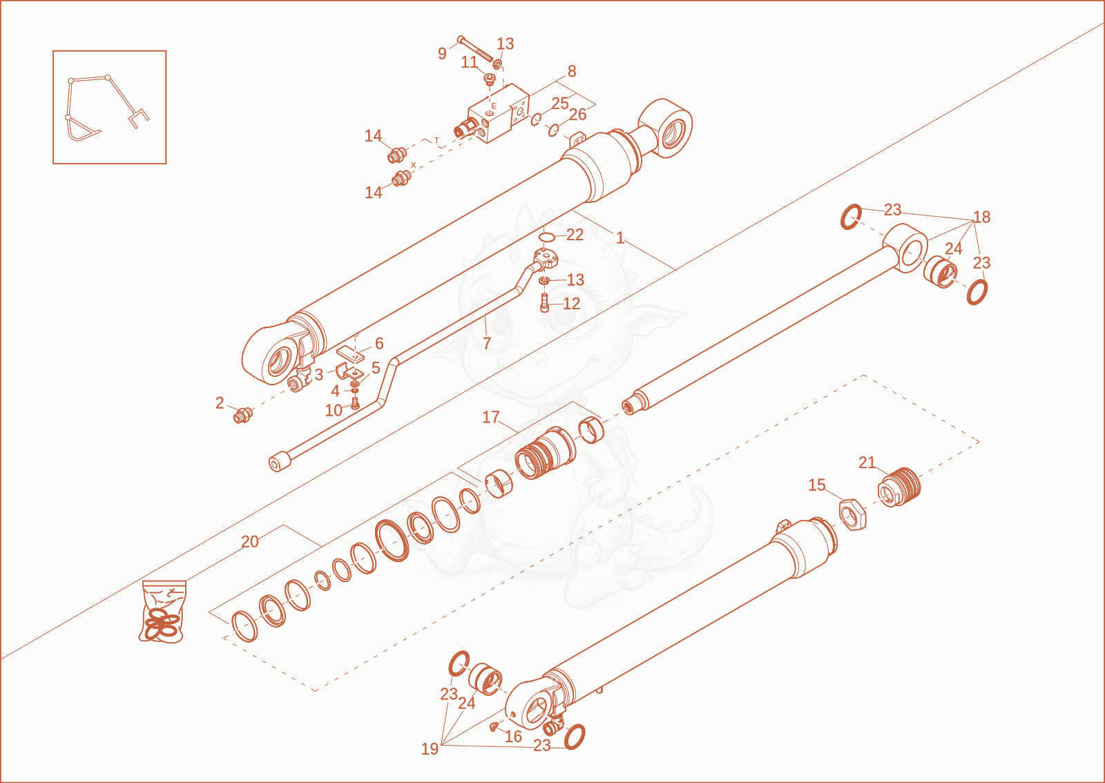 Exploded parts diagram of the DIPPER ARM CYLINDER (OPTION) of a Wacker Neuson ET90, with numbered balloons