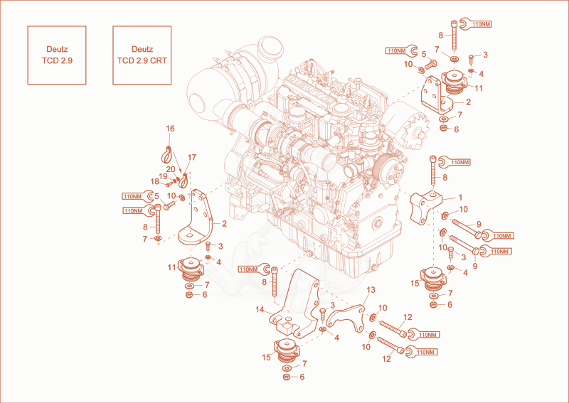 Exploded parts diagram of the Engine bedding of a Wacker Neuson ET90, with numbered balloons