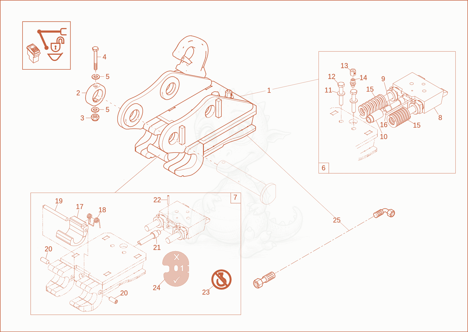 Exploded parts diagram of the quick hitch (option) of a Wacker Neuson EZ17E, with numbered balloons