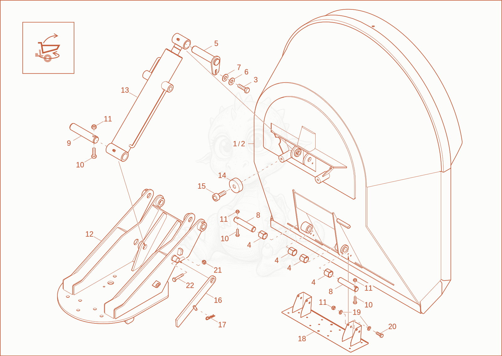Exploded parts diagram of the skip of a Wacker Neuson DW15E, with numbered balloons