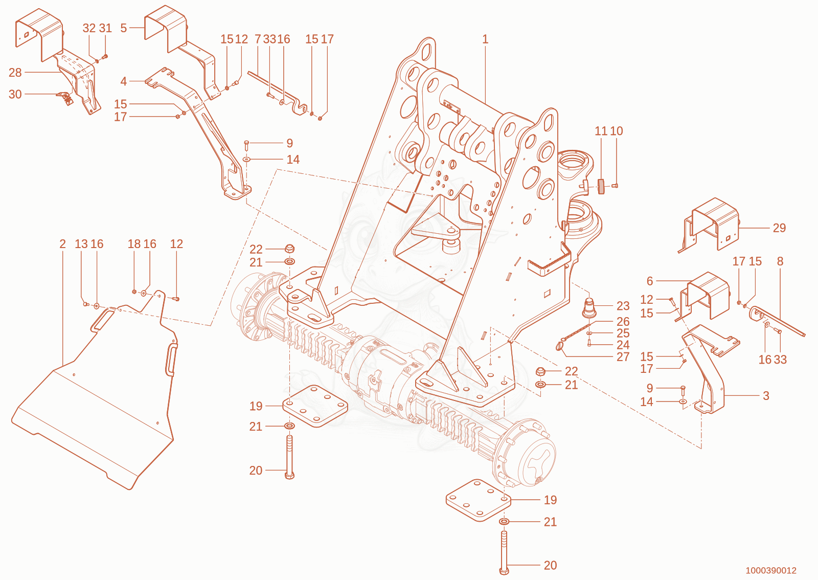 Exploded parts diagram of the front part frame of a Wacker Neuson WL110(WRL90-05), with numbered balloons