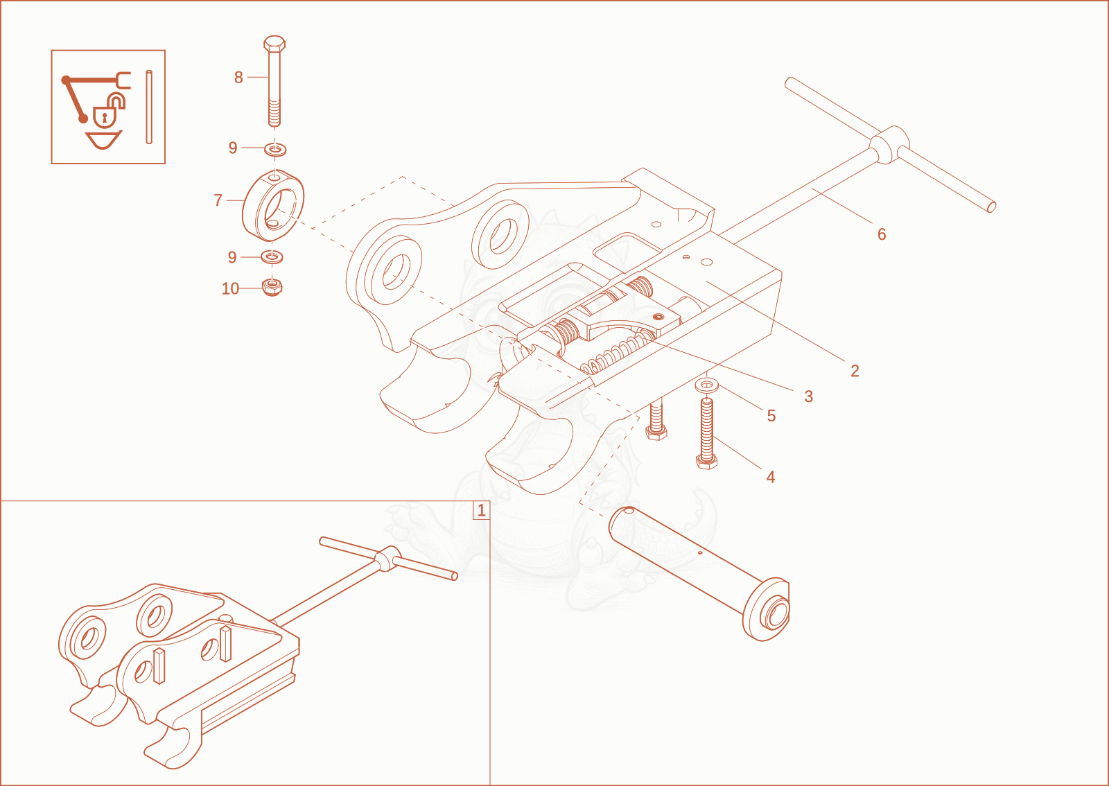 Exploded parts diagram of the Mechanical quick hitch system (Option) of a Wacker Neuson ET24, with numbered balloons
