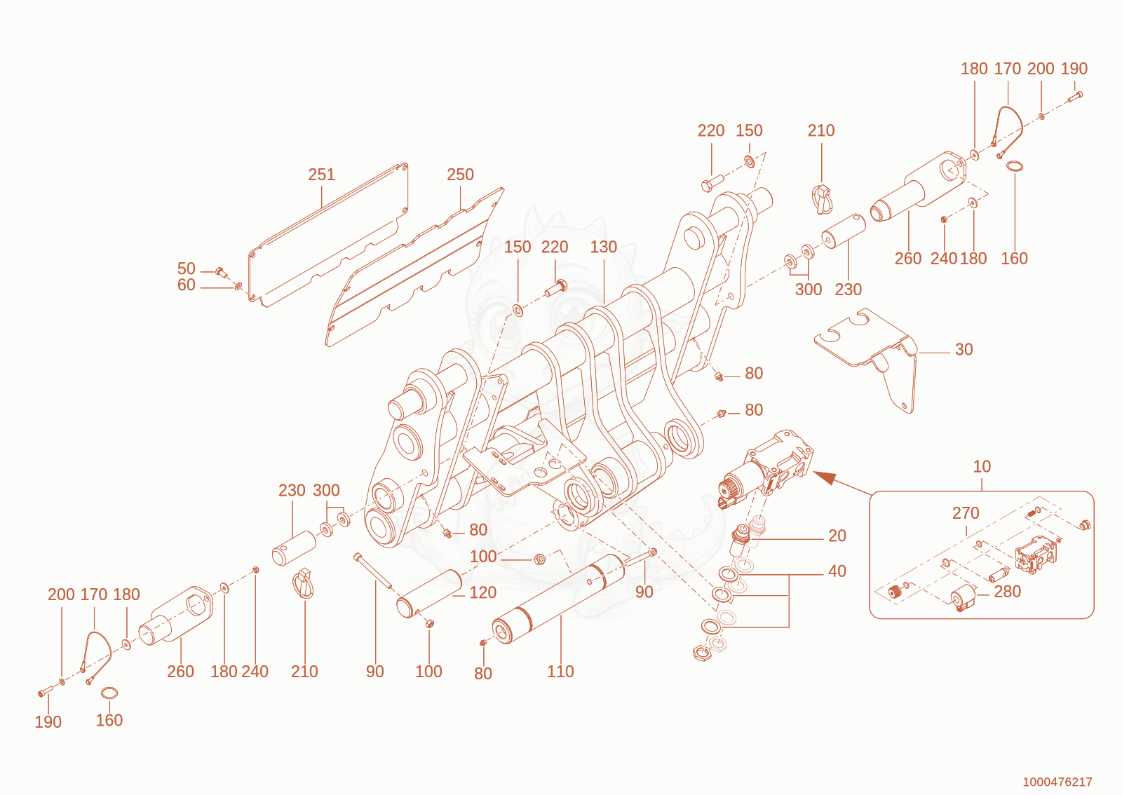 Exploded parts diagram of the quickhitch plate of a Wacker Neuson TH412(T01-01), with numbered balloons