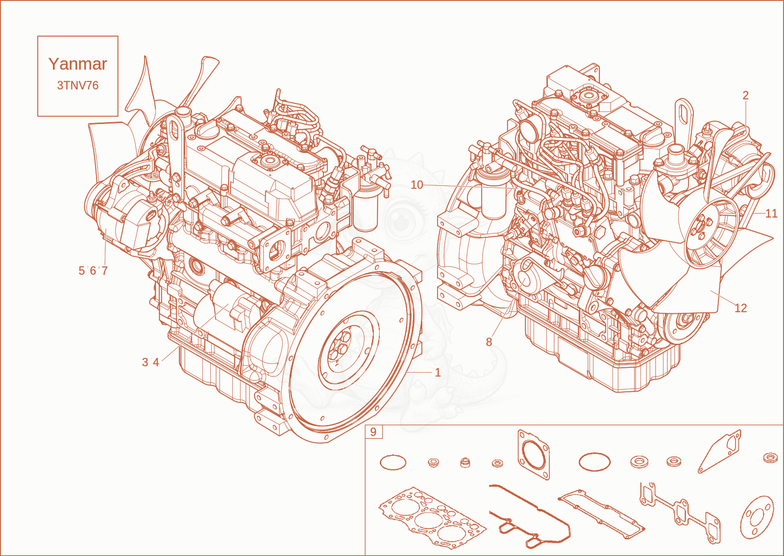 Despiece del diesel engine de una máquina Wacker Neuson ET16, con globos numerados
