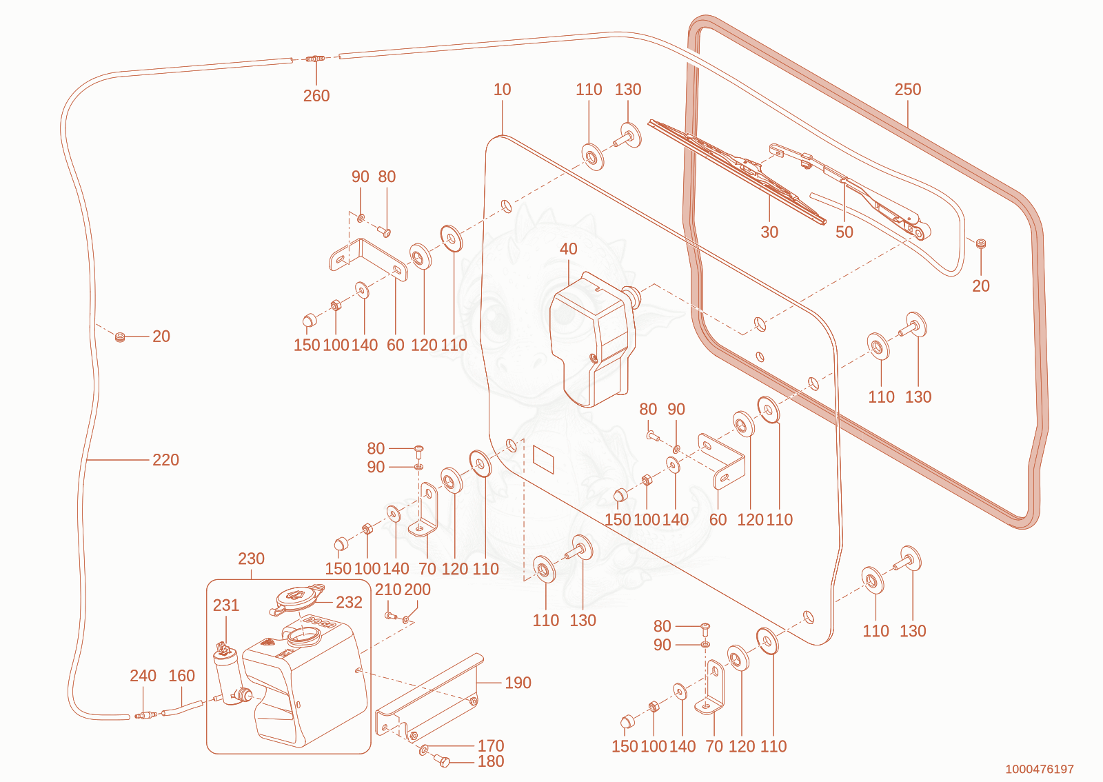 Despiece del rear window de una máquina Wacker Neuson WL250(A02-01), con globos numerados