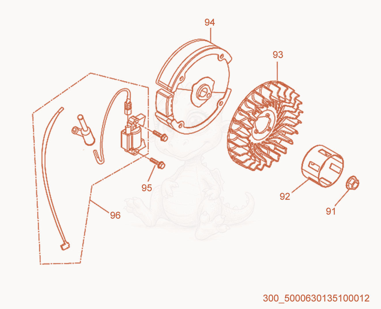 Exploded parts diagram of the Flywheel/Ignition Coil of a Wacker Neuson ML425, with numbered balloons