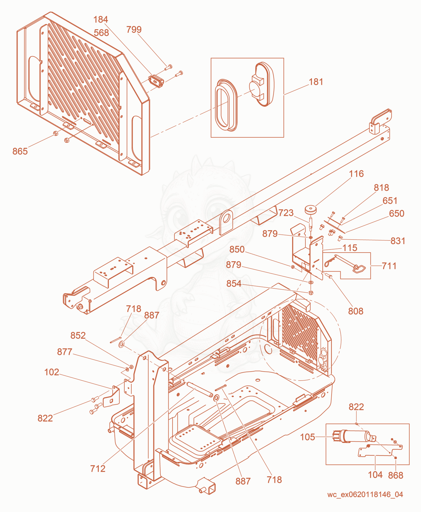 Exploded parts diagram of the Tower Cradle Brackets of a Wacker Neuson LTN6C, with numbered balloons
