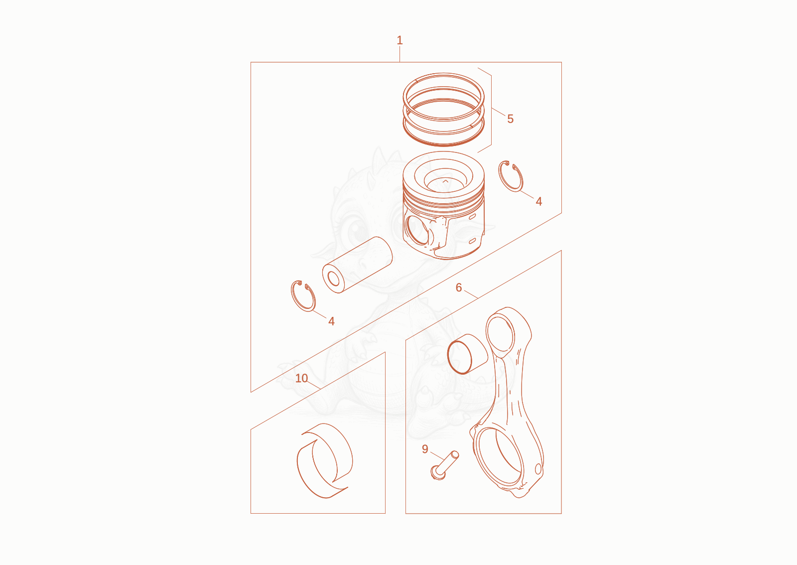 Exploded parts diagram of the Connecting rod / piston of a Wacker Neuson EW100-2, with numbered balloons