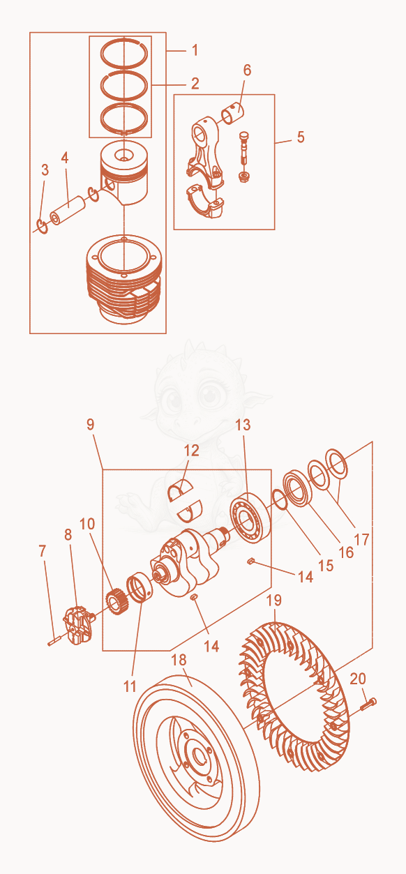 Exploded parts diagram of the Cylinder with Piston of a Wacker Neuson DPS2040, with numbered balloons