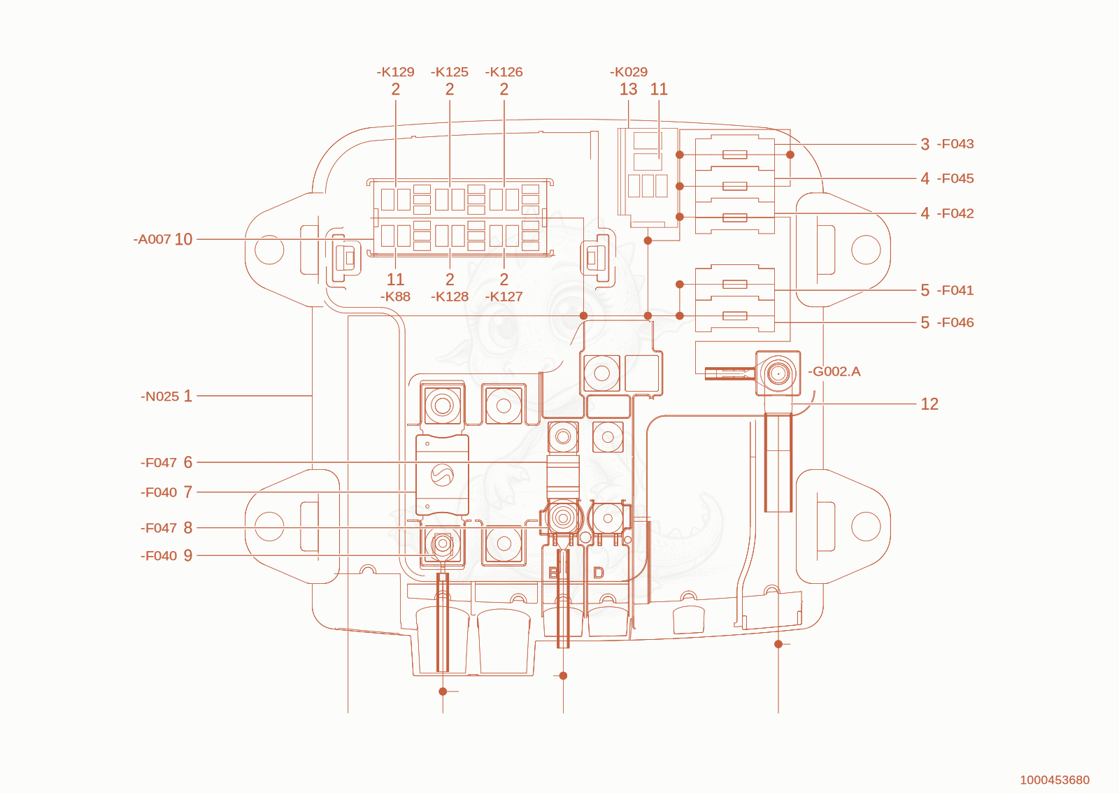 Exploded parts diagram of the Fuse box, relays of a Wacker Neuson TH735(415-36), with numbered balloons