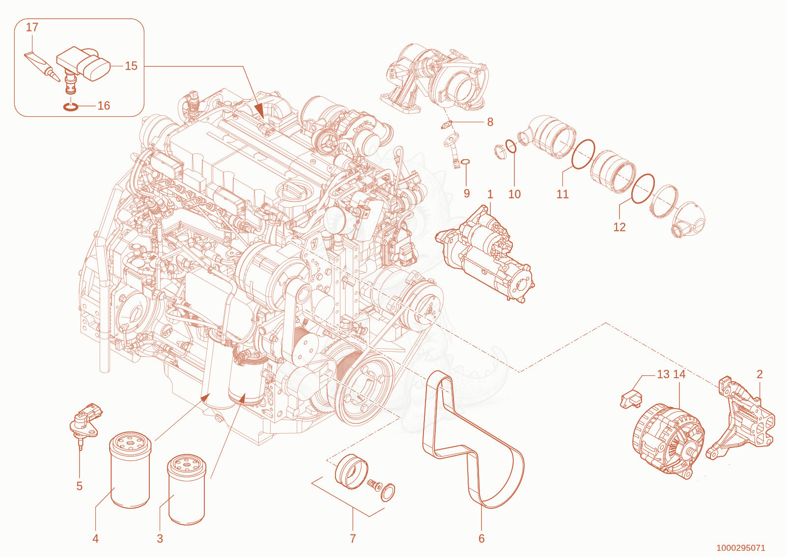 Exploded parts diagram of the Engine parts of a Wacker Neuson TH755(416-04), with numbered balloons