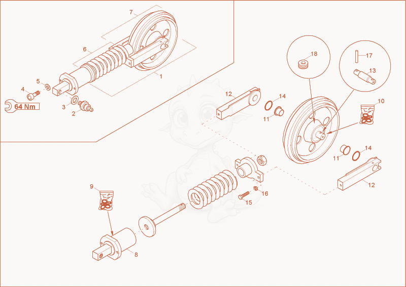 Exploded parts diagram of the TRACK TENSIONER RUBBER-CHAIN of a Wacker Neuson 8002RD, with numbered balloons