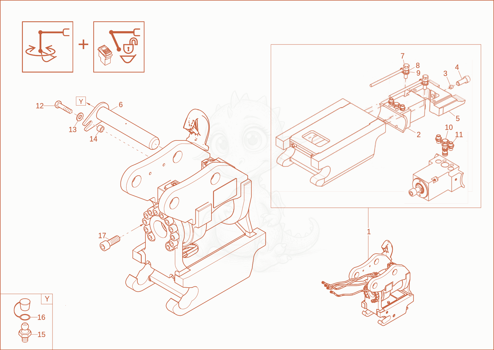Exploded parts diagram of the quick hitch (option) of a Wacker Neuson ET42, with numbered balloons