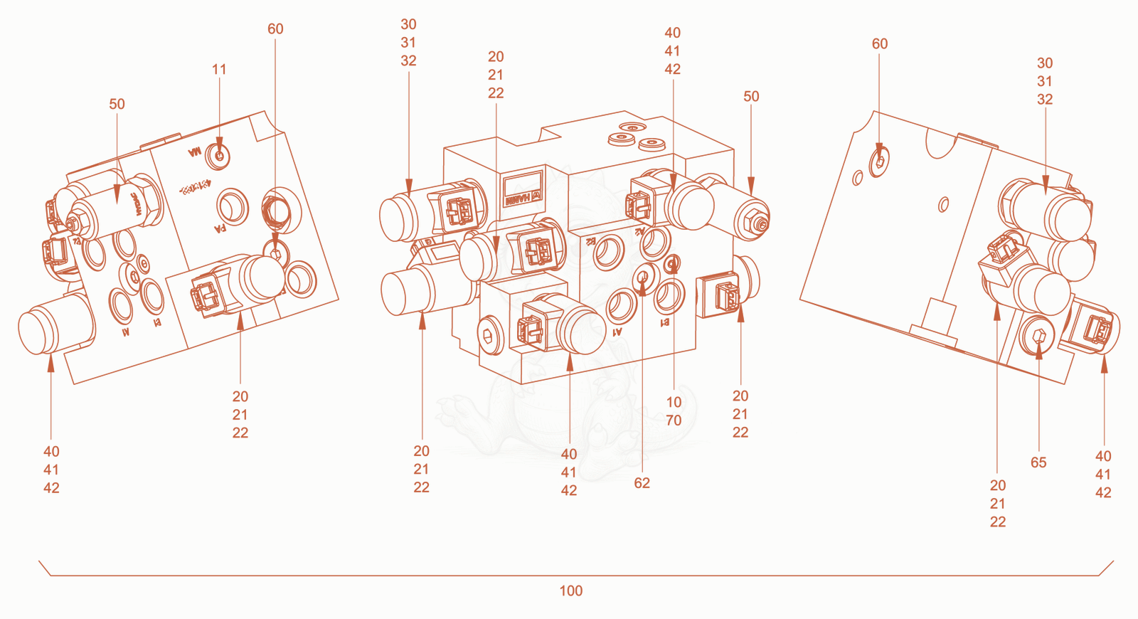 Exploded parts diagram of the valve block of a Wacker Neuson RD40-130US, with numbered balloons