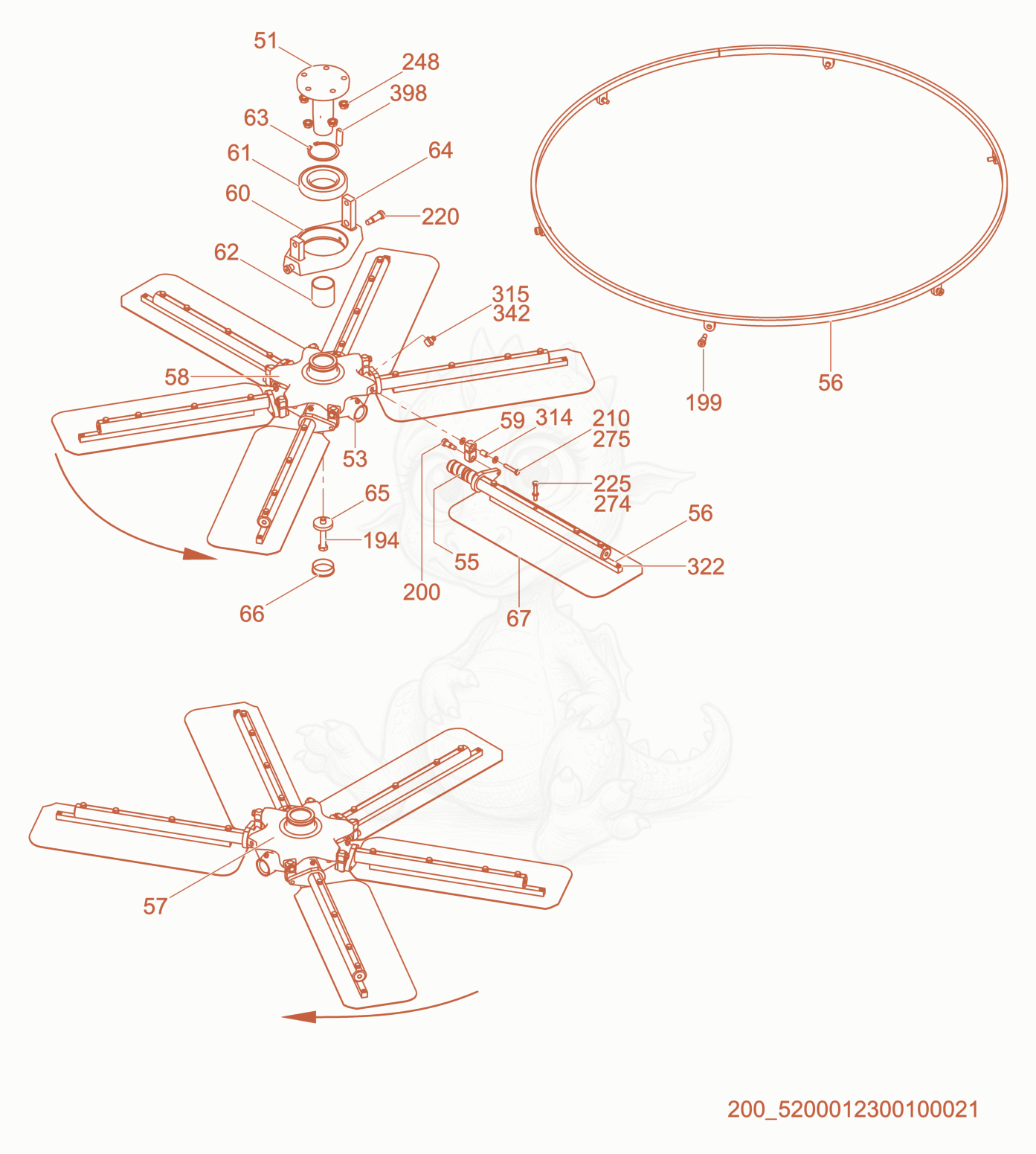 Exploded parts diagram of the Blade Mechanism-Right & Left of a Wacker Neuson CRT60-74L, with numbered balloons