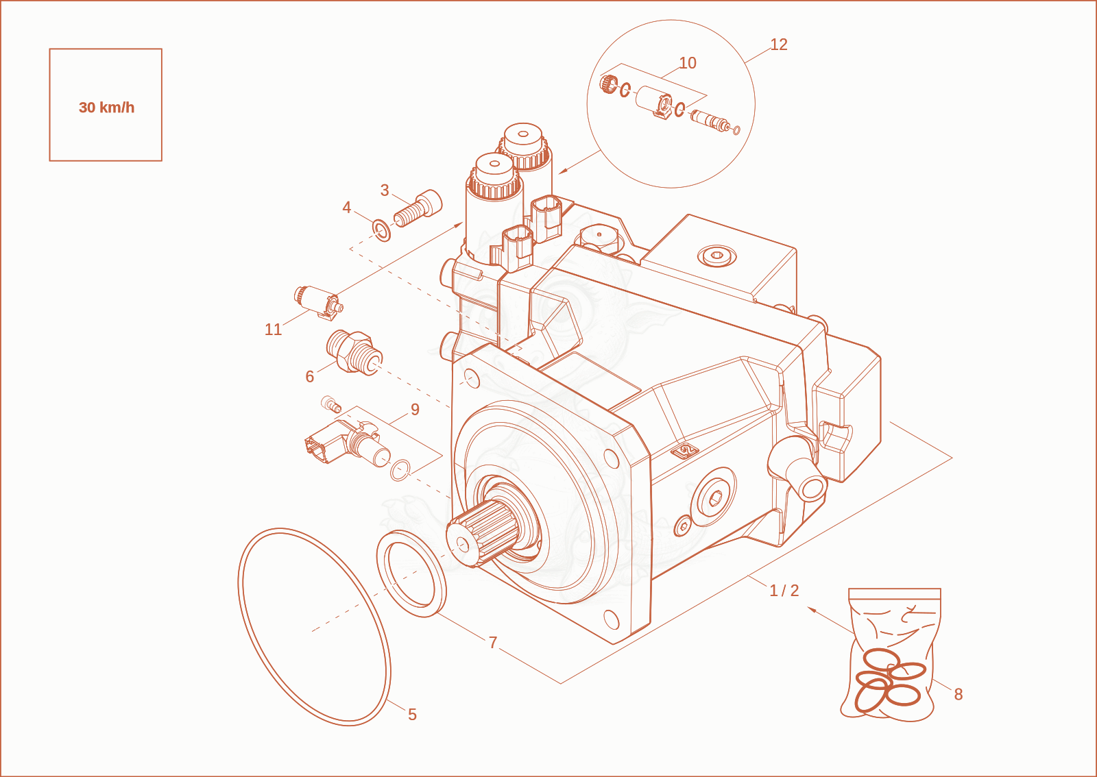 Exploded parts diagram of the VARIABLE DISPLACEMENT MOTOR of a Wacker Neuson EW65, with numbered balloons