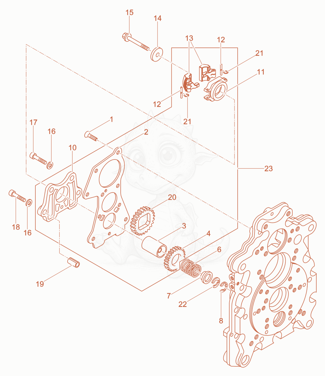 Exploded parts diagram of the Oil pump, Governor of a Wacker Neuson DPU6555HS, with numbered balloons