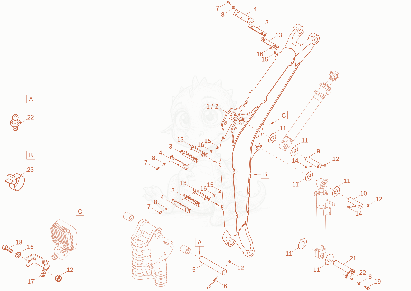 Exploded parts diagram of the lift arm of a Wacker Neuson EZ26-2, with numbered balloons