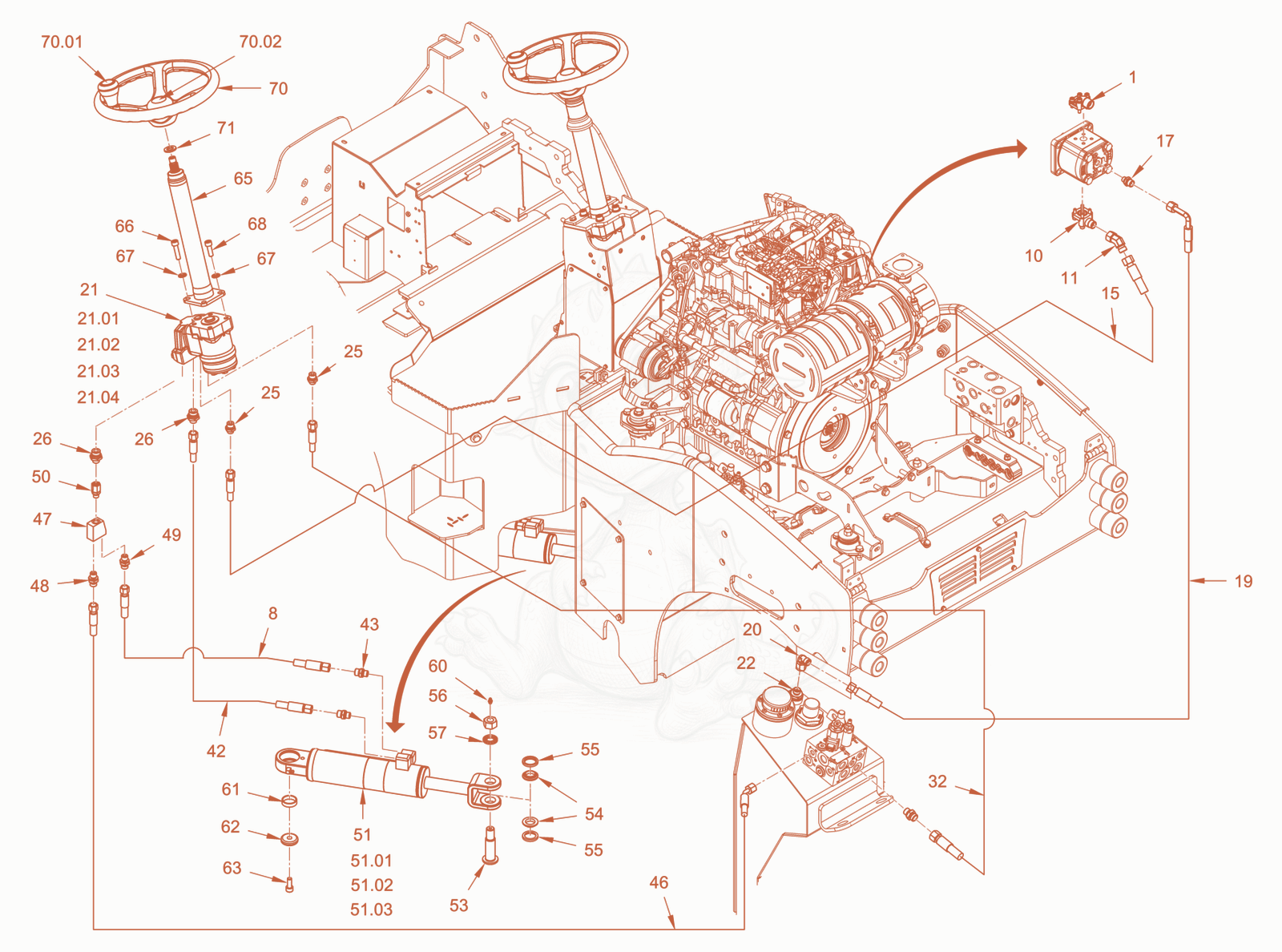 Exploded parts diagram of the steering of a Wacker Neuson RD24-100CDPF, with numbered balloons