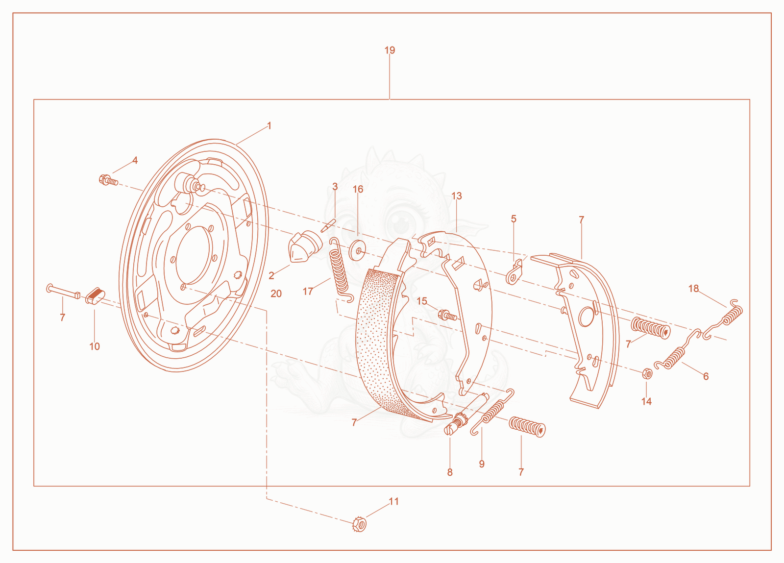 Despiece del Surge Brake de una máquina Wacker Neuson G180, con globos numerados