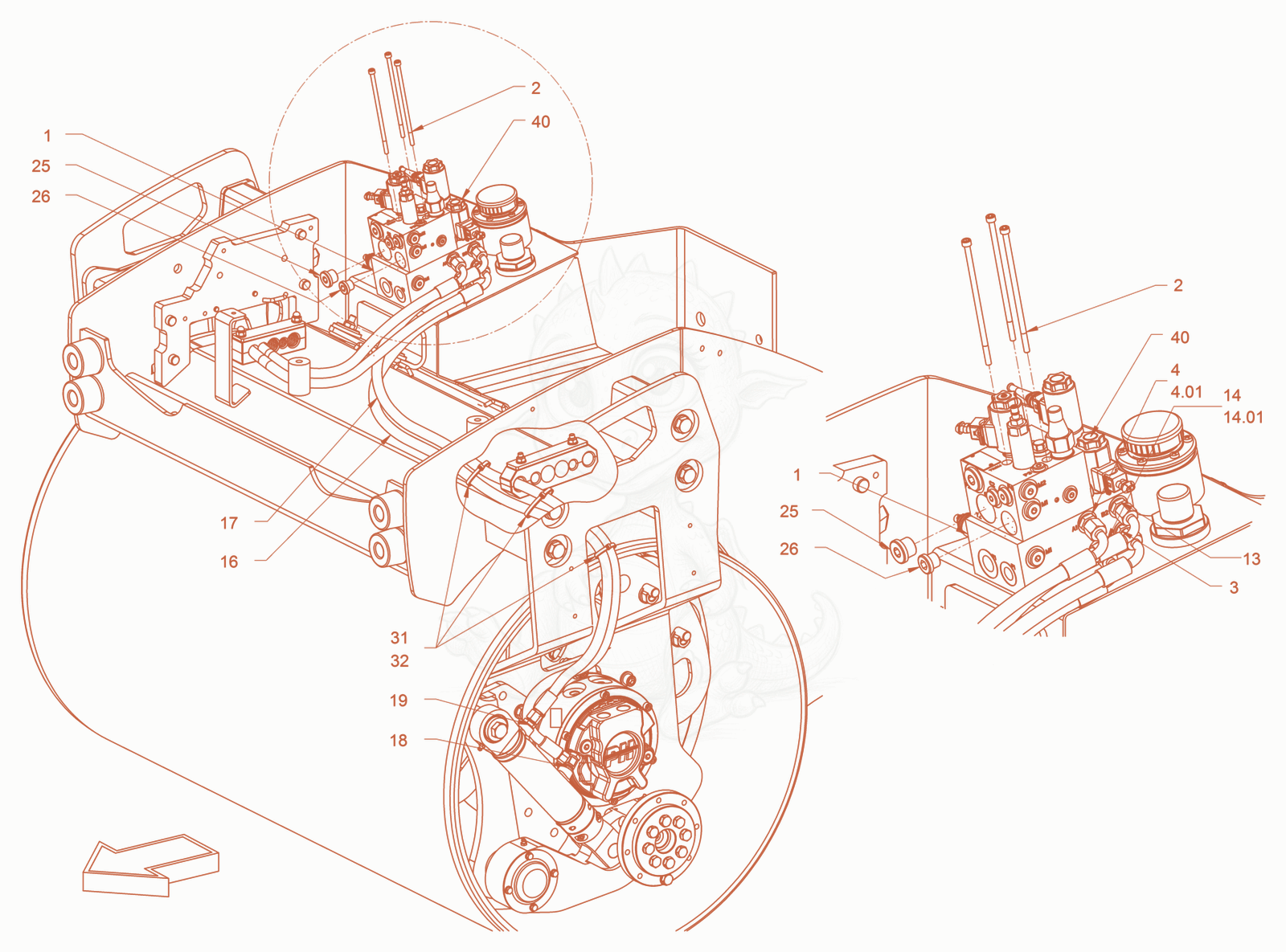 Exploded parts diagram of the hydraulic system (edge pressing and cutting device) of a Wacker Neuson RD24-100C, with numbered balloons