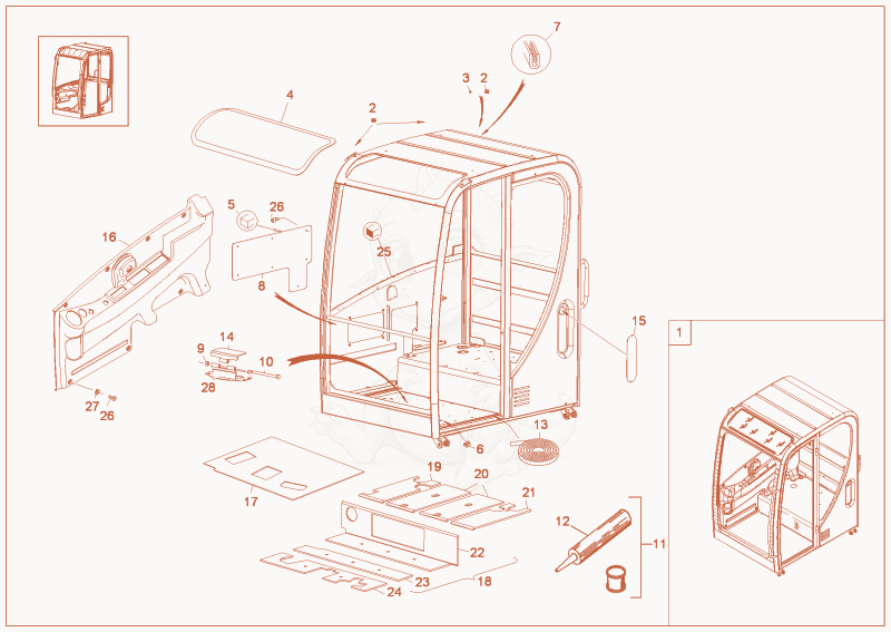 Exploded parts diagram of the CABIN FRAME CANOPY of a Wacker Neuson 50Z3, with numbered balloons